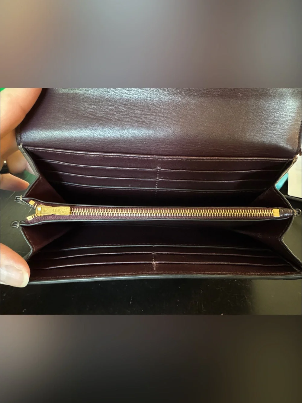 Mulberry Leather Wallet with Burgundy Interior and Gold Postman Hardware